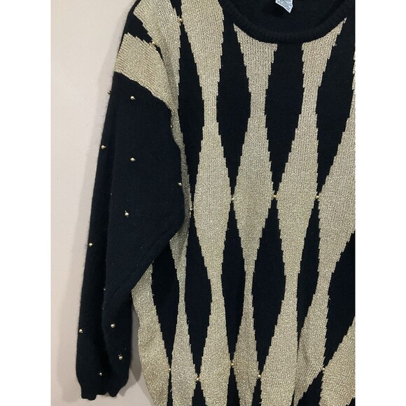 Vintage Womens Beaded Sparkly Diamond Print Wool Angora Sweater M Black Gold 90s - Picture 2 of 5